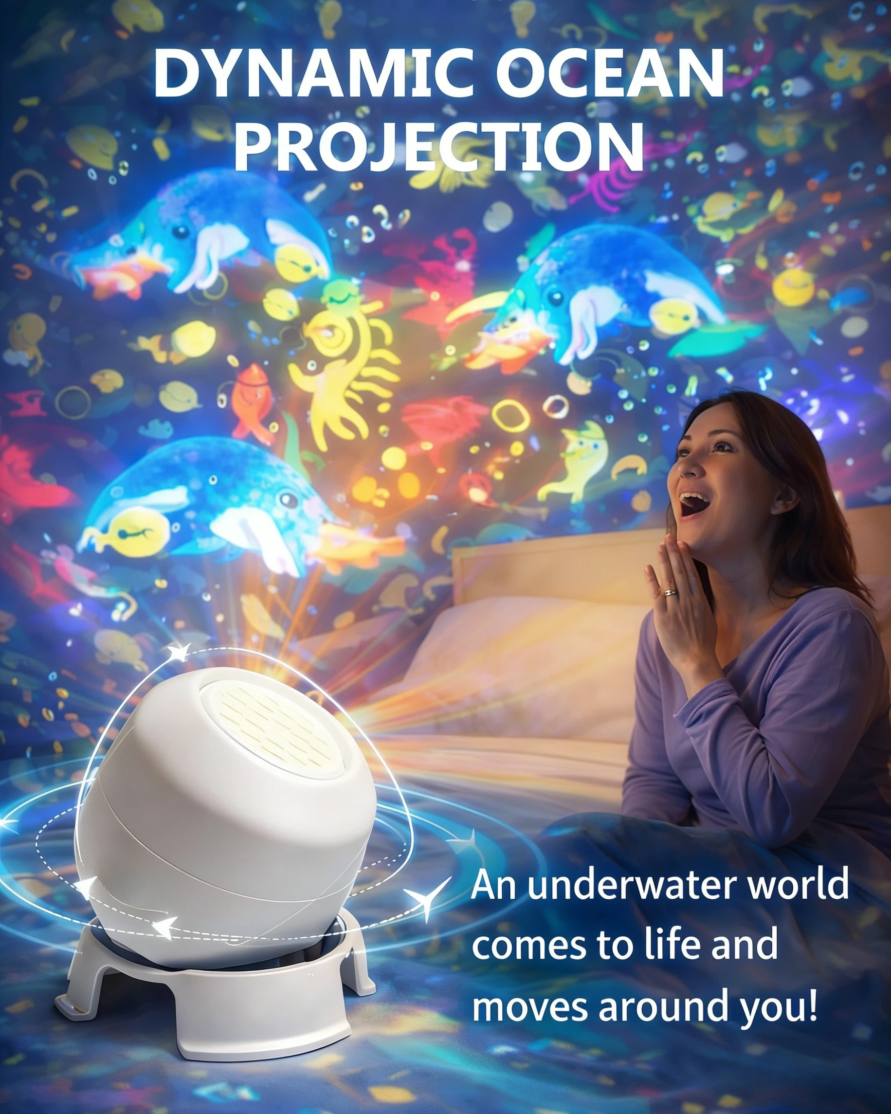 LED Projection Lamp Night Light Ocean Starry Sky Christmas Gitfs Patterns Dynamic Projector USB Plug in Adjustable Ambient Light