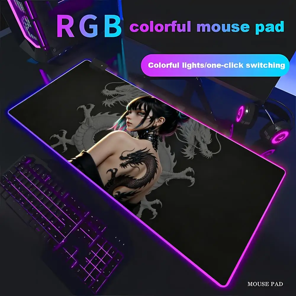 

HYBXAXC Cyberpunk Dragon Tattoo Girl Mouse Pad,Cool Anime Desk Mat,Beautiful RGB Pad Large LED Light Non-Slip Gaming for Gamer