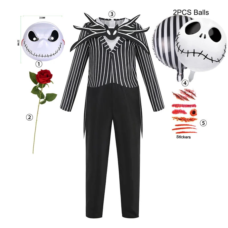 New Halloween Boys Black Skull Jack Cosplay Costume Bodysuit Suit Christmas for Kids Party Dress Up Carnival Clothes