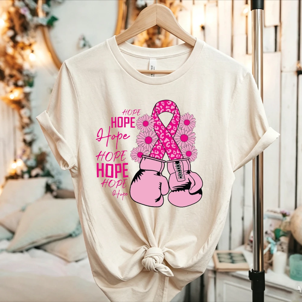 Pink Ribbon Boxing Gloves Hope Print T Shirt Breast Cancer Awareness Warrior Fight Survivor Support Short Sleeve Graphic Tee Top