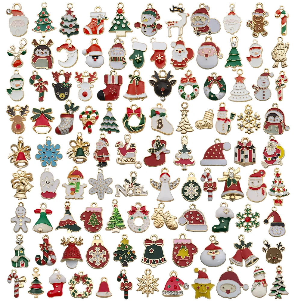 Randomly Mix 20/40/100Pcs Enamel Christmas Charms Snowman Santa Tree Penguin Reindeer Pendant For DIY Jewelry Making Accessories