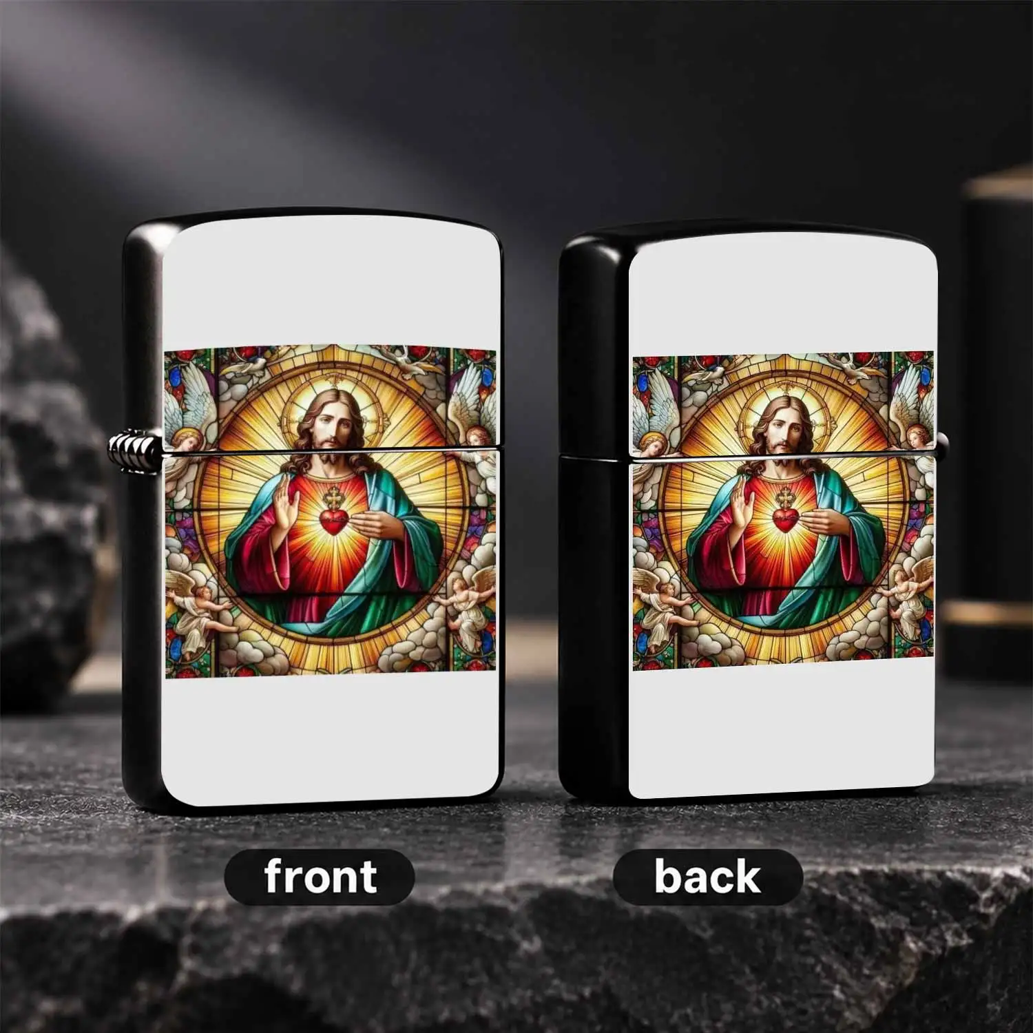 Vintage Stained Glass Jesus Sacred Heart Themed, Retro Art Textured Sturdy Body, Windproof Portable Durable Open Flame, Religious Faith Collectible Gift For Daily Use Multi-Scene Application Exquisite Personalized Igniter A Fun And Humorous