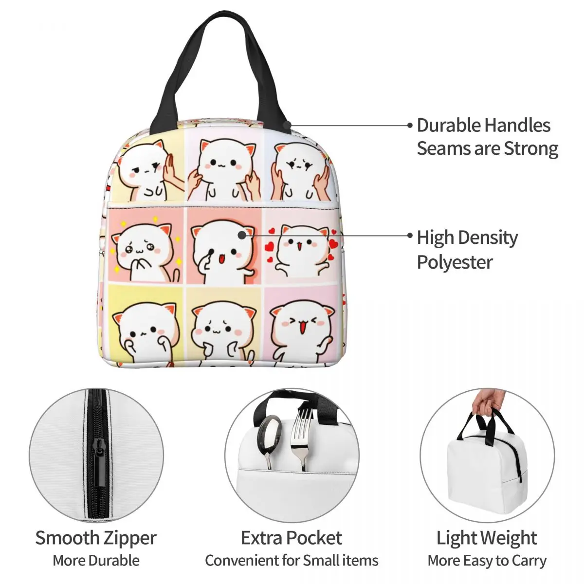 Mochi Cat Peach e Goma Meme Lunch Bag para Mulheres, Refrigerador Térmico, Caixa Isolada para Trabalho, Escritório, Viagem, Piquenique Food Bags, Desenhos Animados