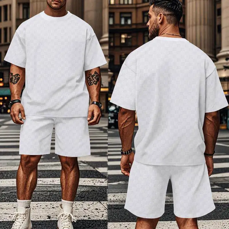 

New 2025 Men's Summer Sportswear Set Pure Color ort Sve with Embroidered Chboard Pattern orts And Trousers