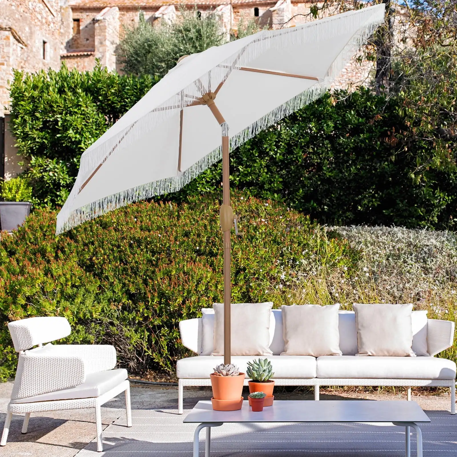 

7.5 ft Fringe Patio Umbrella， Outdoor Table Tassels Umbrella with Push Button Tilt and Crank (White)