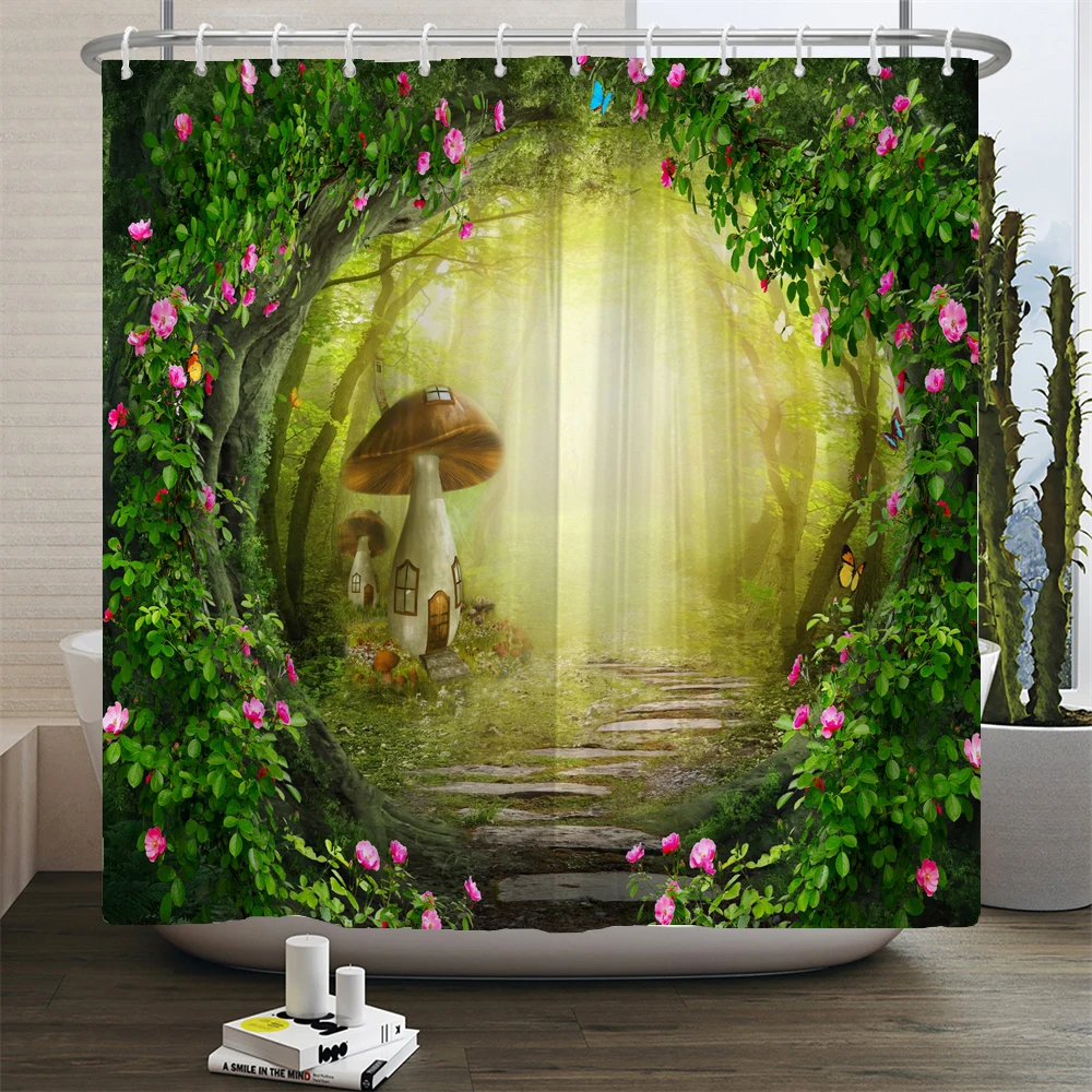 Cartoon Fairy Tales Mushroom Forest Shower Curtain Fantasy Butterfly Moon Castle Printed Waterproof Fabric Bathroom Curtains