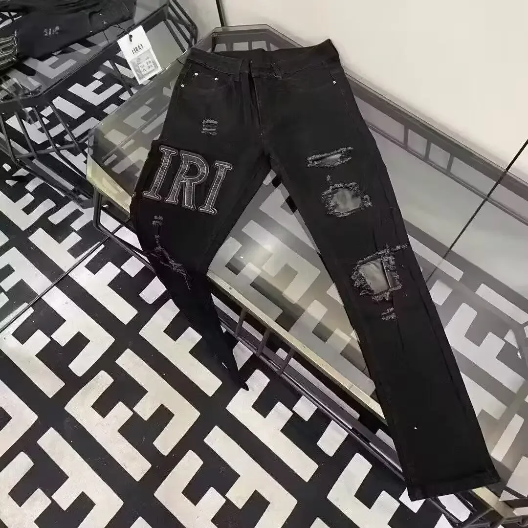 العصرية المطرزة المتعثرة المرقعة سليم صالح الجينز الرجال الراقية المألوف السراويل الطويلة تخصيص الشارع الشهير