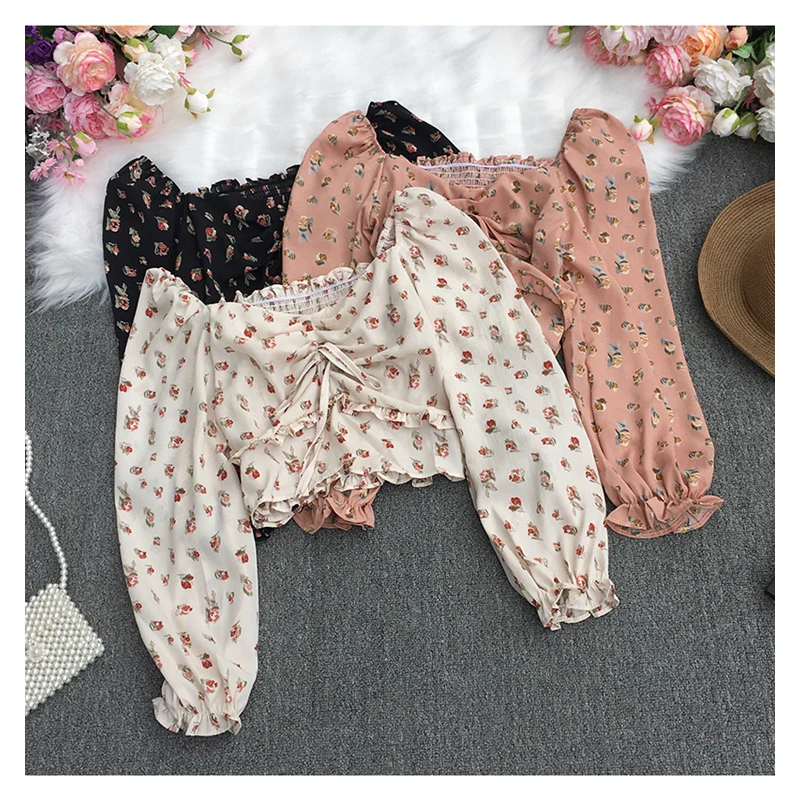 Chic Long Sleeve Women Floral Chiffon Blouse Spring Summer Elastic Waist Casual Slim Crop Shirts Female Tops