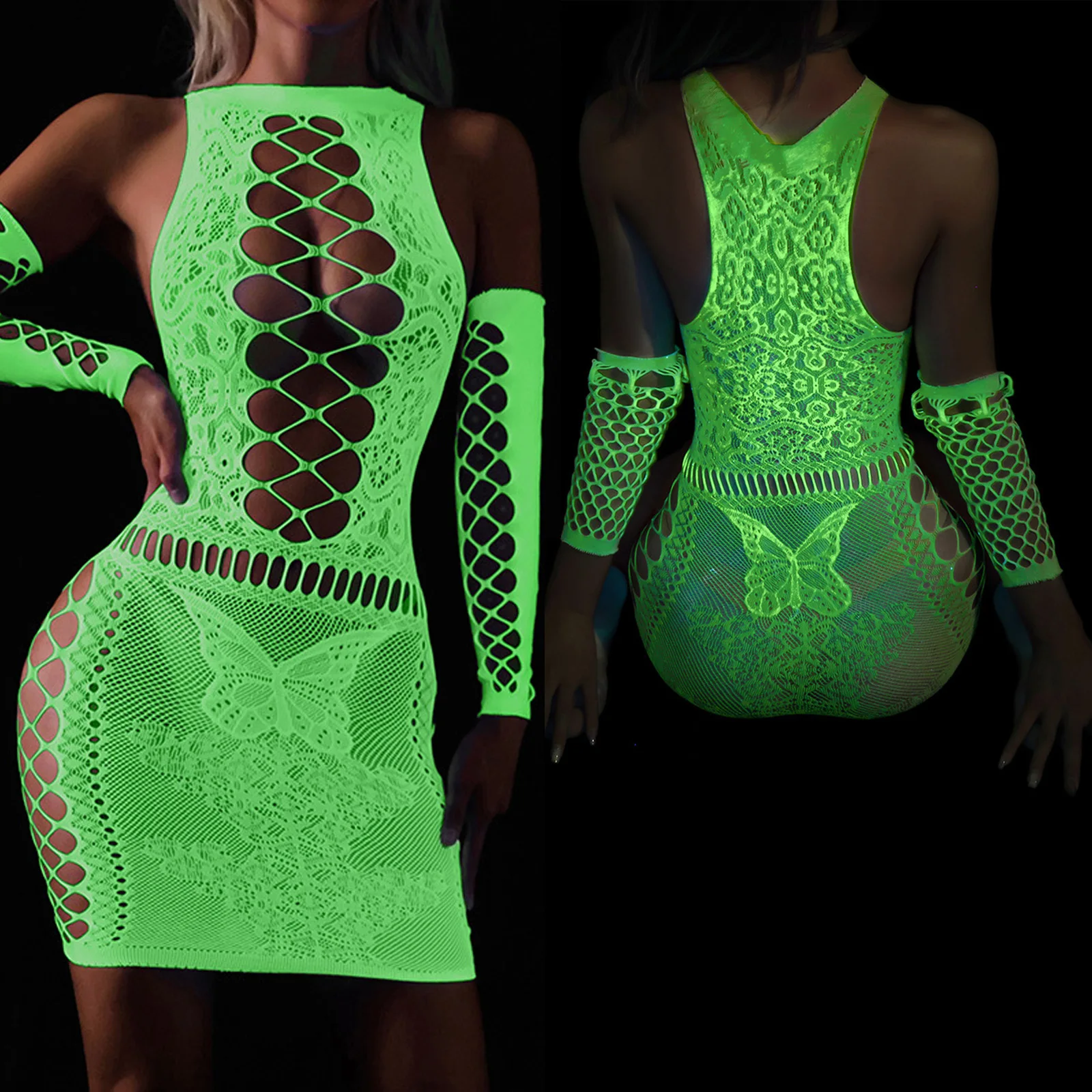 Luminous Teddy Catsuit Glow In The Dark Erotic Lingerie Full Body Stockings Open Crotch Sexy Underwear Fishnet Women Nightwear