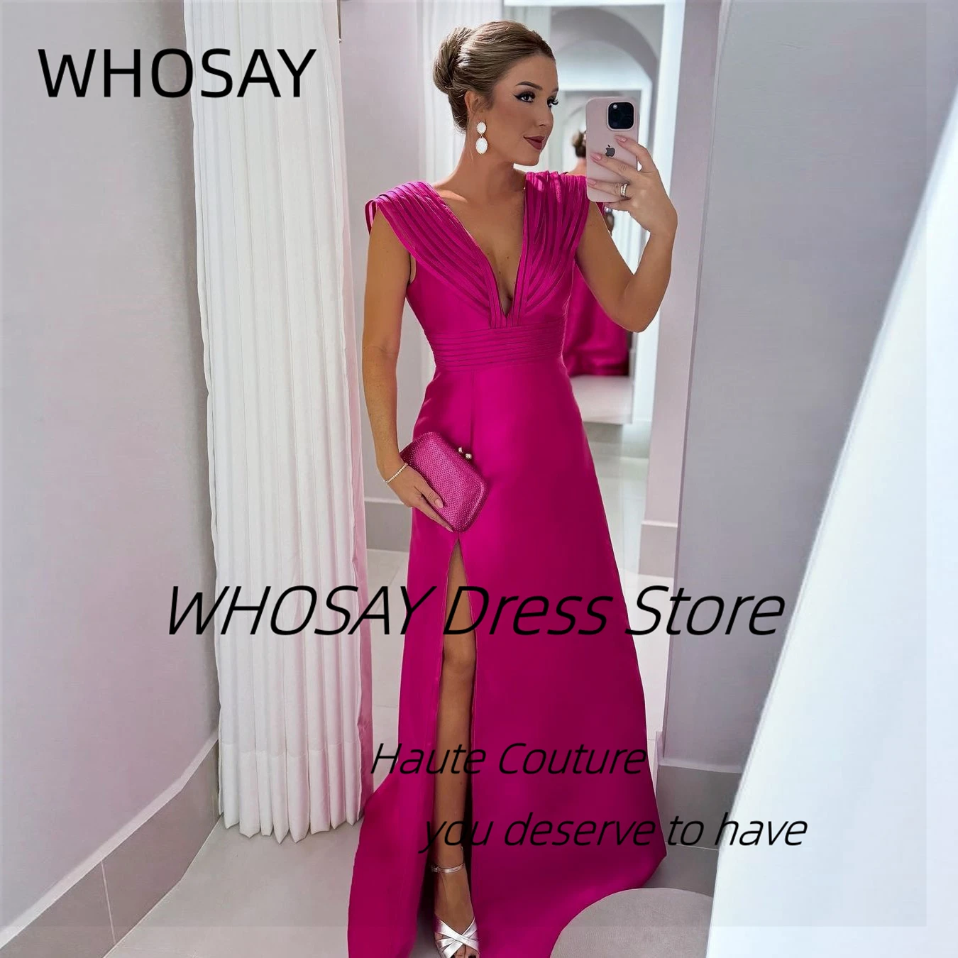 WHOSAY Deep V Neck Prom Dresses Sexy Open Back Special Occasion Women Wear Side Slit Satin Evening Party Formal Gowns