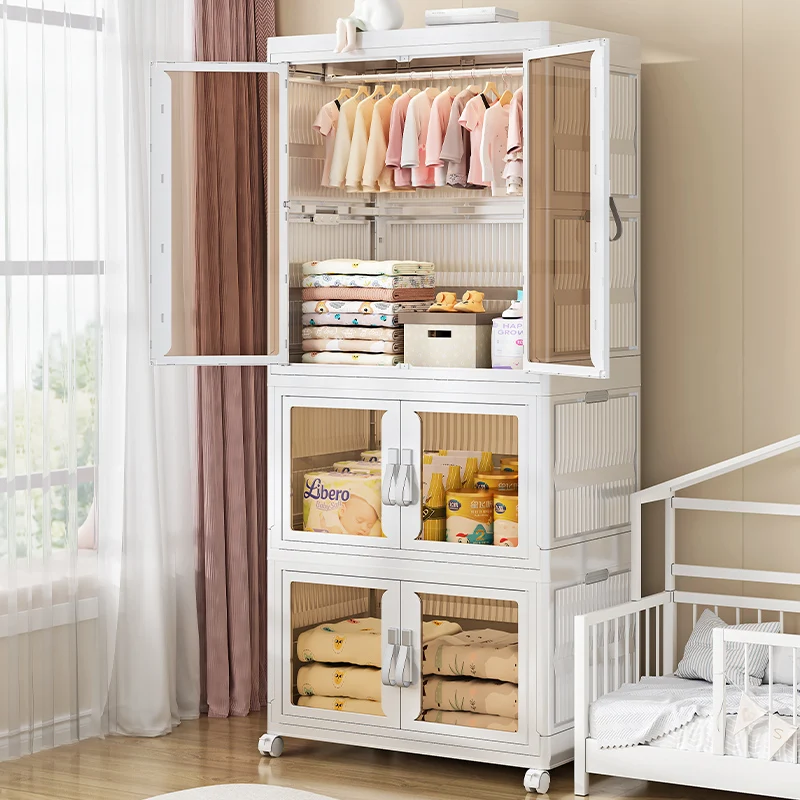 Multifunction Folding Wardrobe Cabinet With Wheels Clothing Toy Storage Box Installation Free Snack Foods Kitchen Closet Cabinet