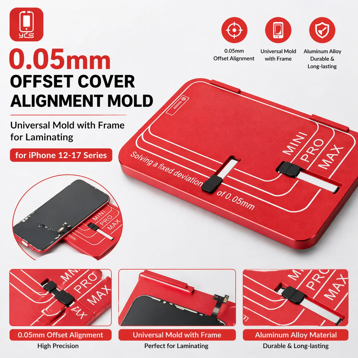 

YCS Universal Cover Alignment Mold 0.05mm for iPhone 12-17 Series, Frame Laminating Offset Alignment Tool for Mini/Pro Max