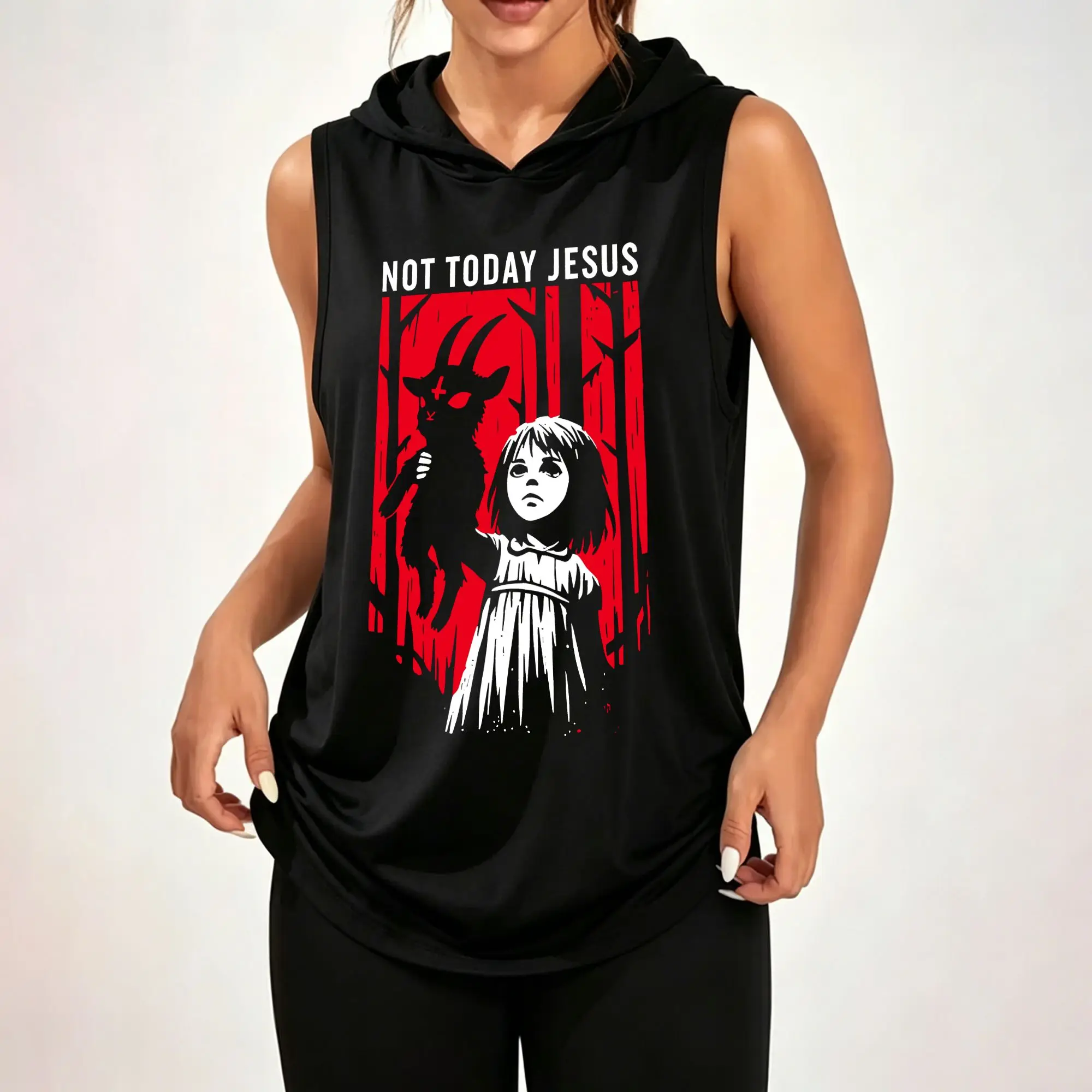 Women's Sleeveless Hoodie, Not Today Jesus Girl And Goat Red Black Graphic Print Casual Hooded Tank Top