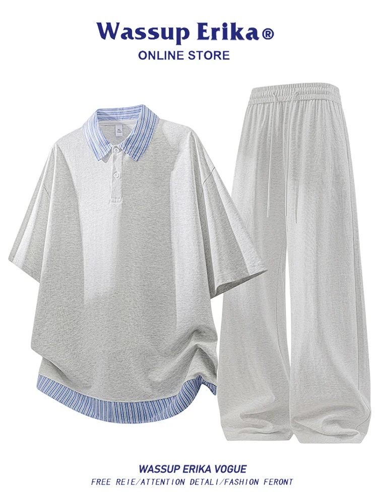 wassup-erika-college-sle-ort-sve-t-irt-set-men's-summer-2026-new-two-piece-casual-sportswear-polyester-fiber-long-pants