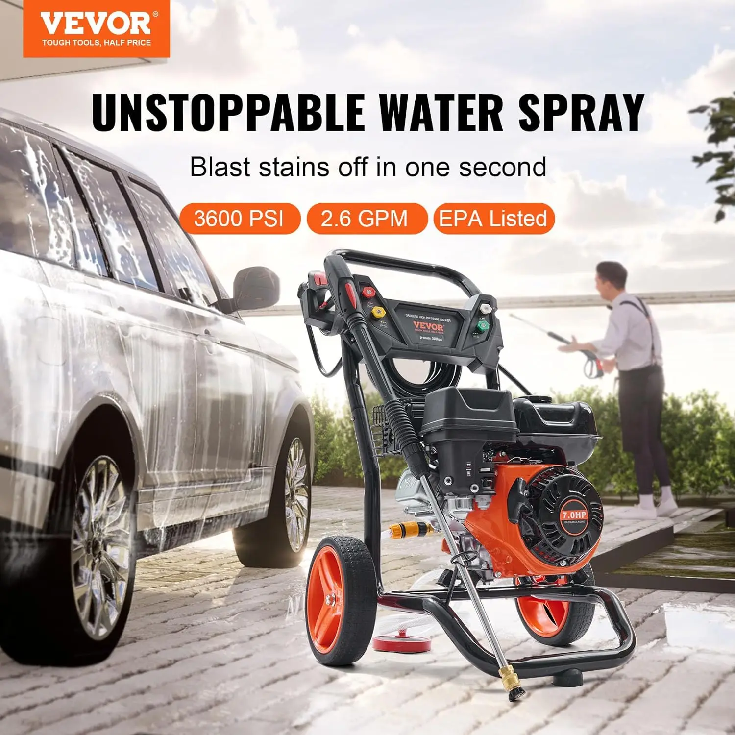 Gas Pressure Washer, 3600 PSI 2.6 GPM with Copper Pump, Spray Gun and Extension Wand 5 Quick Connect Nozzles