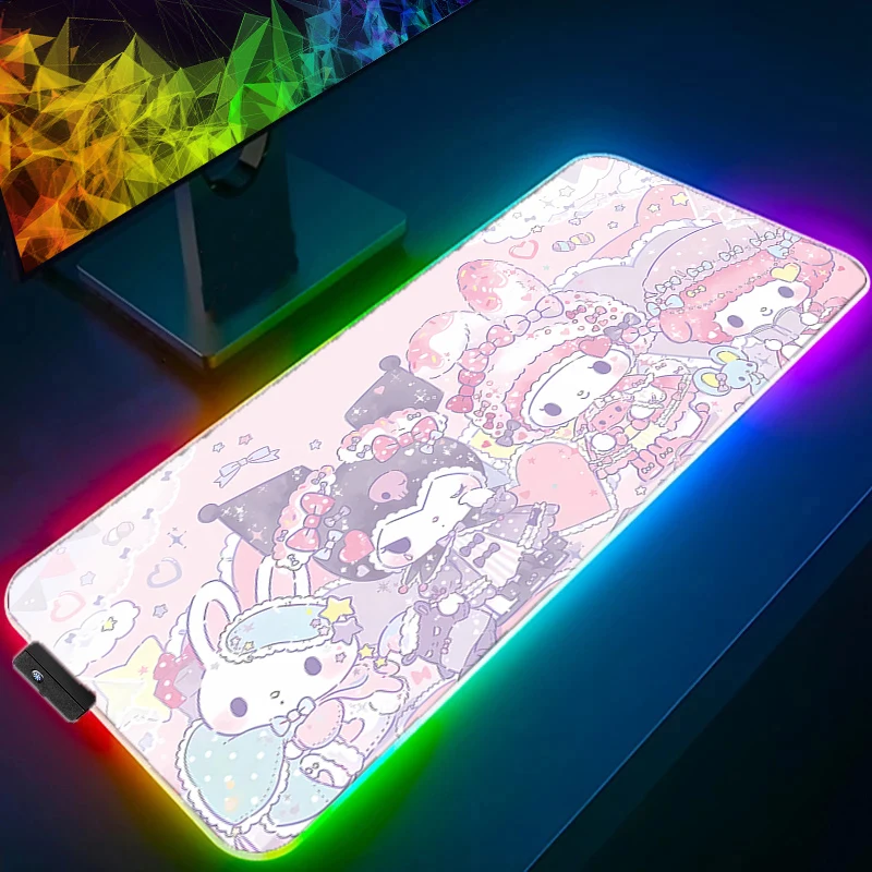 kawaii led anime mouse pad tapete de teclado portatil rgb pc sanrio gamer cabinet estendido tapete de mesa rosa minha melodia kuromi bonito 01