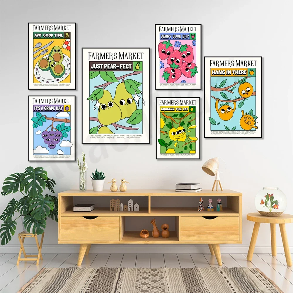 Vintage Fruit Market Cute Cartoon Kitchen Wall Art Poster Decor Farmers Market Theme for Kitchen