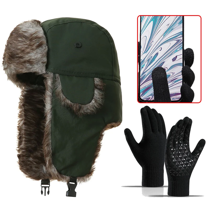 مجموعة قبعة Trapper Hunter وقفازات تعمل باللمس، معدات خارجية للشتاء الدافئ للرجال والنساء