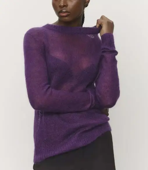 เสื้อสเวตเตอร์ไหมโมแฮร์คอกลมสำหรับผู้หญิง สวมใส่สบาย ถักแบบโปร่งแสงเล็กน้อย สไตล์ใหม่ ฤดูใบไม้ผลิ-ฤดูร้อน 2025