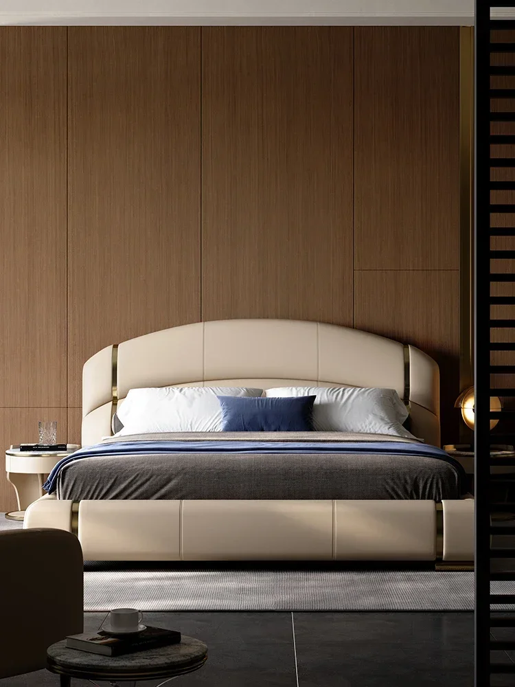 

Легкая роскошная кожаная кровать, первый слой из воловьей кожи, двуспальная кровать для спальни, мягкая