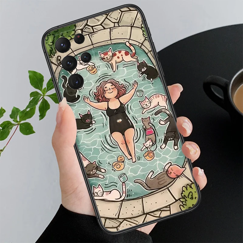 

Phone Case For Samsung A17 A55 A16 A56 A35 A15 A53 A54 A33 A34 A25 A05S A52 A52S A07 A26 A06 Black Cat Flower Art