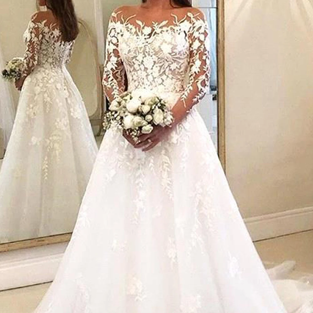 Appliques Lace Wedding Dresses Tulle A Line Three Quarter Sleeves Bridal Gowns Embroidery Elegant Robe De Mariee Custom Made