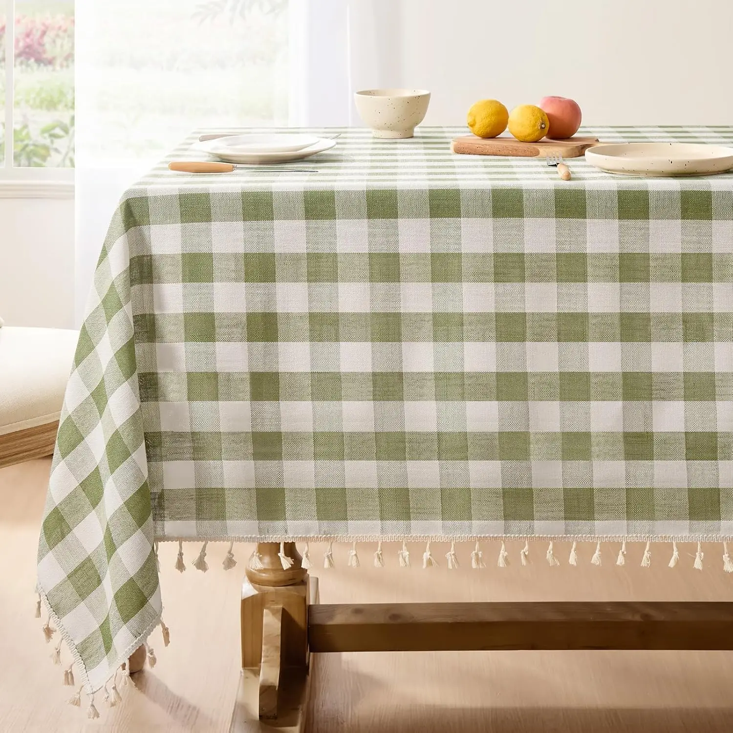 

Outdoor Checkered Tablecloth Rectangle, Linen Cotton Gingham with Tassel, Heavy Duty Wrinkle Free Buffalo Plaid for Picnic