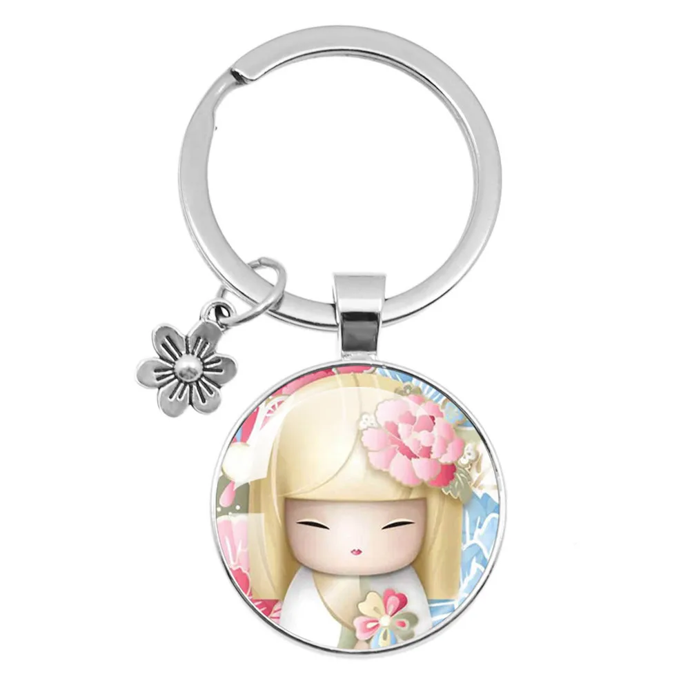 Cute Japanese Girl Face Keychain Kokeshi Kimono Doll Pattern Glass Cabochon KeyChains Flower Accessories Charm Jewelry Gift