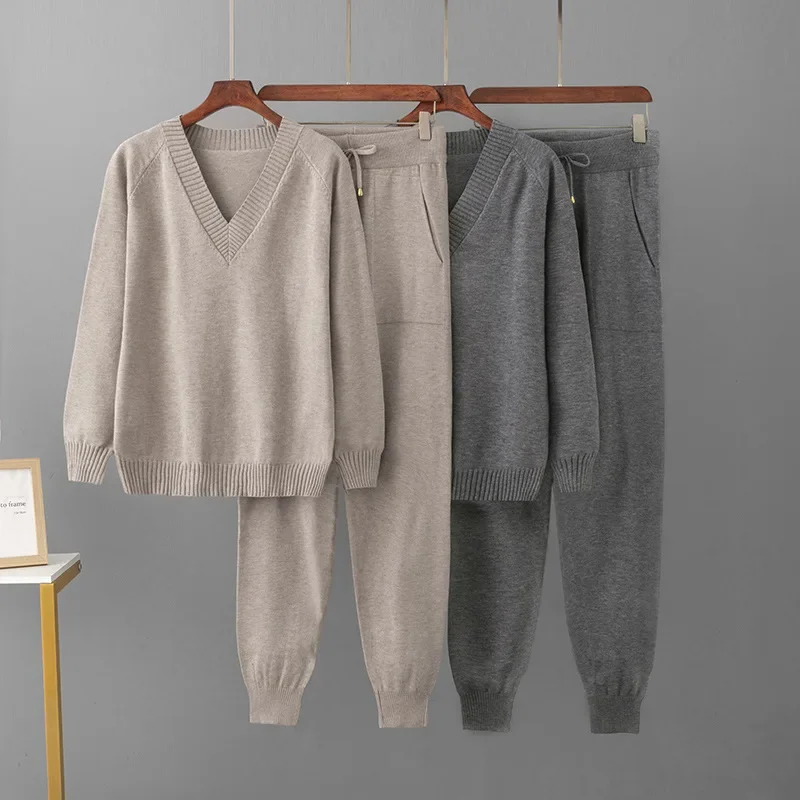 Winter New Pants Suit Autumn Fashion Sweater Harlan Pants V-neck Knitted Casual Sweater Pullover Two-piece Set Womens Outifits