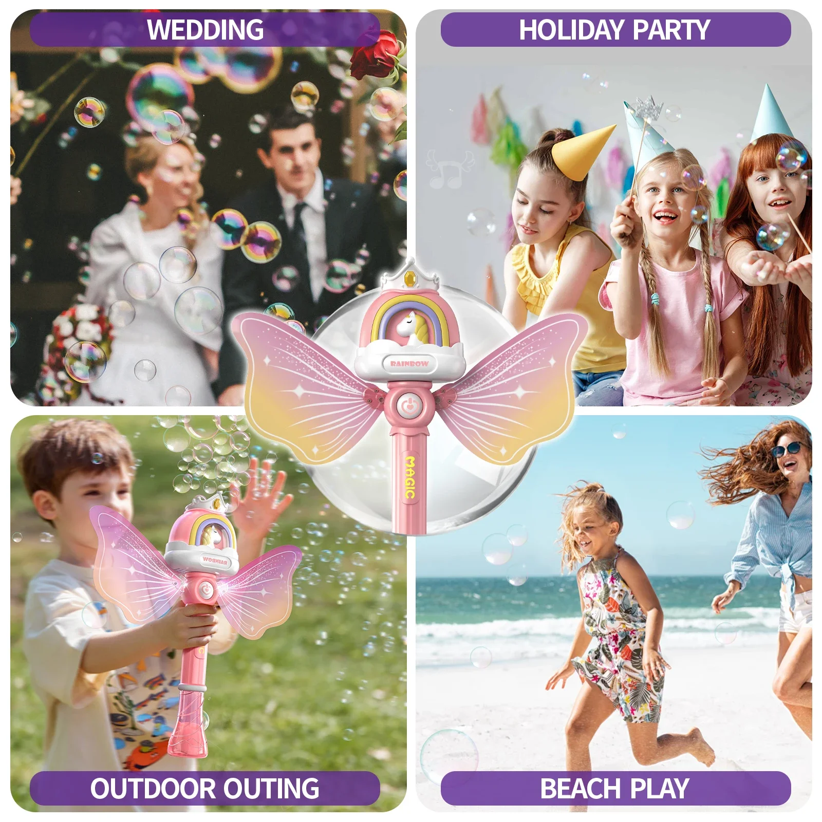 Máquina automática de burbujas con luces LED, soplador de Pony Angel, juguete de burbujas para exteriores para mayores de 3 años