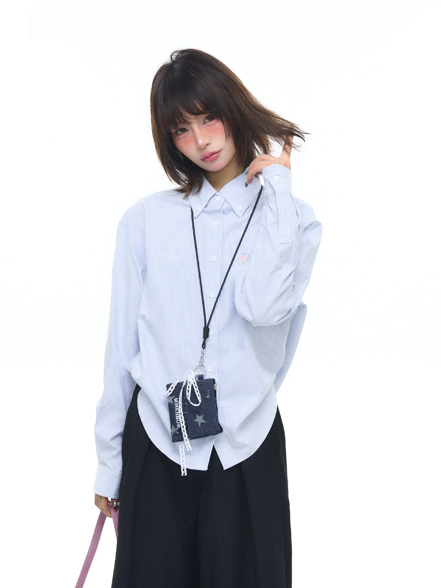 

Loose Fit Striped Bubble irt Long Sve Turn-down Collar Spring Summer Sun Protection Breathable Lazy Sle Top Women