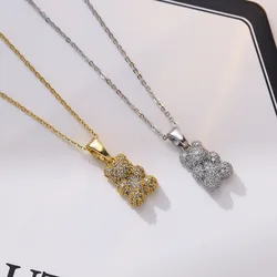 Stainless Steel Chain Classic Shiny Zircon Bear Pendant Necklace for Women Men Fashion Jewelry Accessories Gifts for Friends