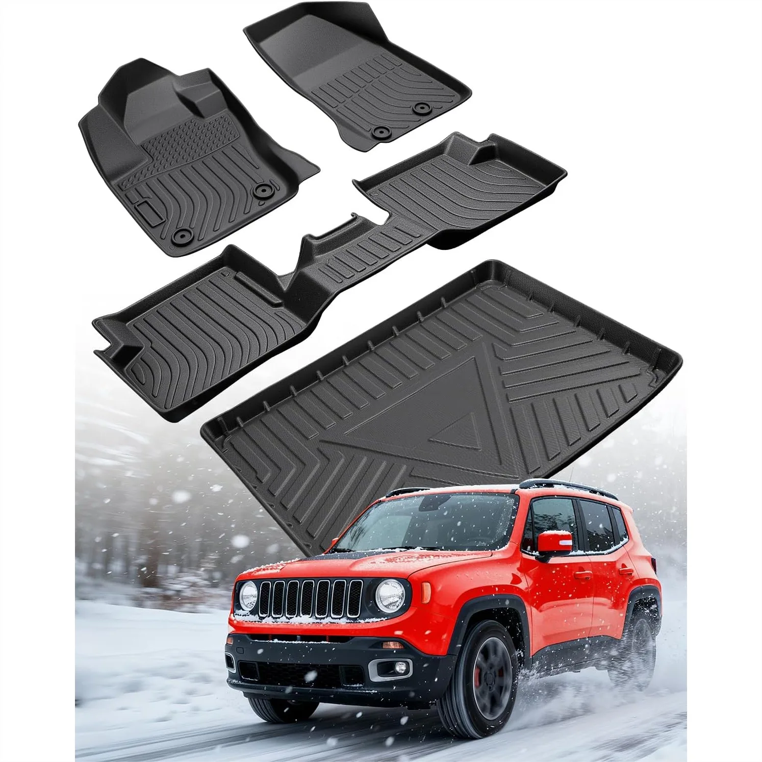

Floor Mats for Jeep Renegade 2015-2023 All-Weather TPE Front Rear Trunk Liner with Cargo Mat, 4PCS Black