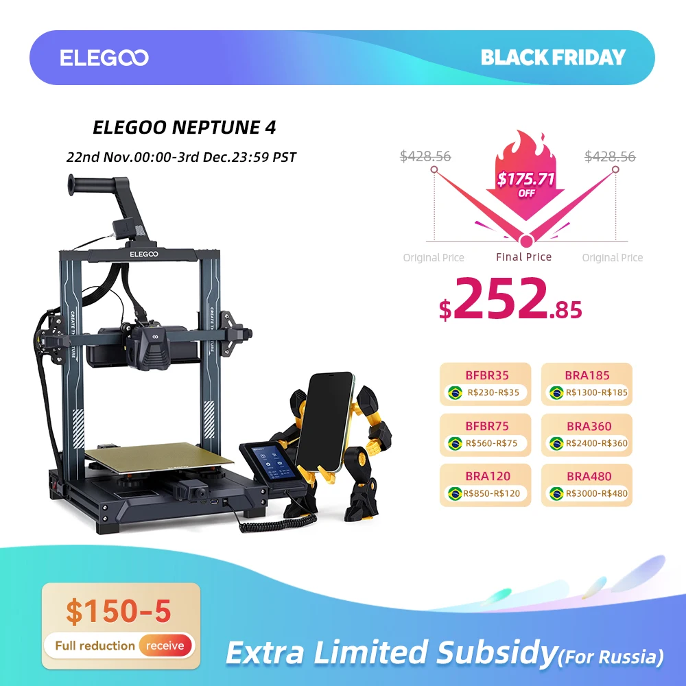 ELEGOO NEPTUNE 4 FDM 3D Printer with Up to 500mm/s High-Speed,121-Point Auto Bed Leveling, Printing Size of 225x225x265mm