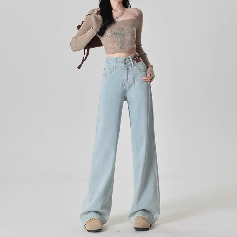 ربيع 2025 جديد المرأة عالية الخصر واسعة الساق الجينز التخسيس إخفاء الطابق طول السراويل القطن تمتد سراويل جينز