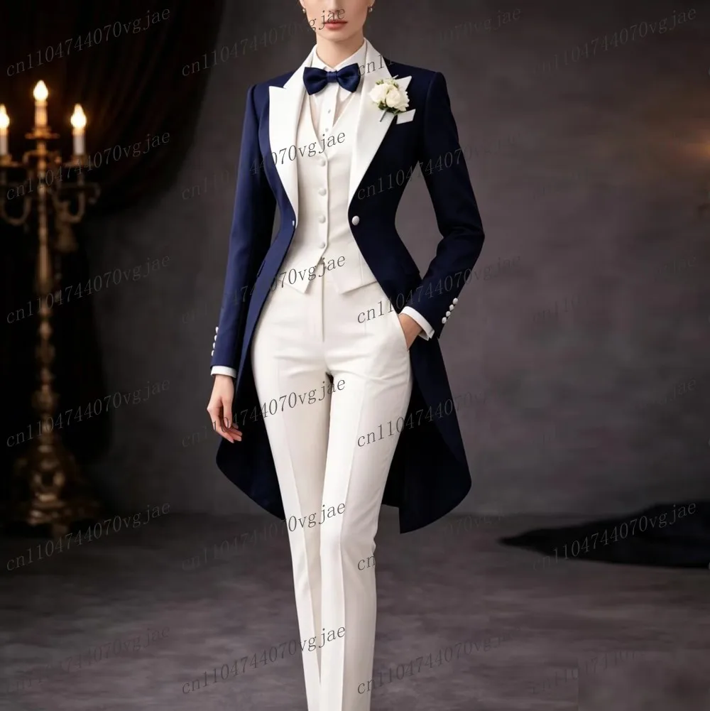 Traje largo azul marino y blanco para mujer, formal, para negocios, bodas, fiestas, graduaciones, madres, damas, tuxedos de 3 piezas, conjunto de blazer, chaleco y pantalones