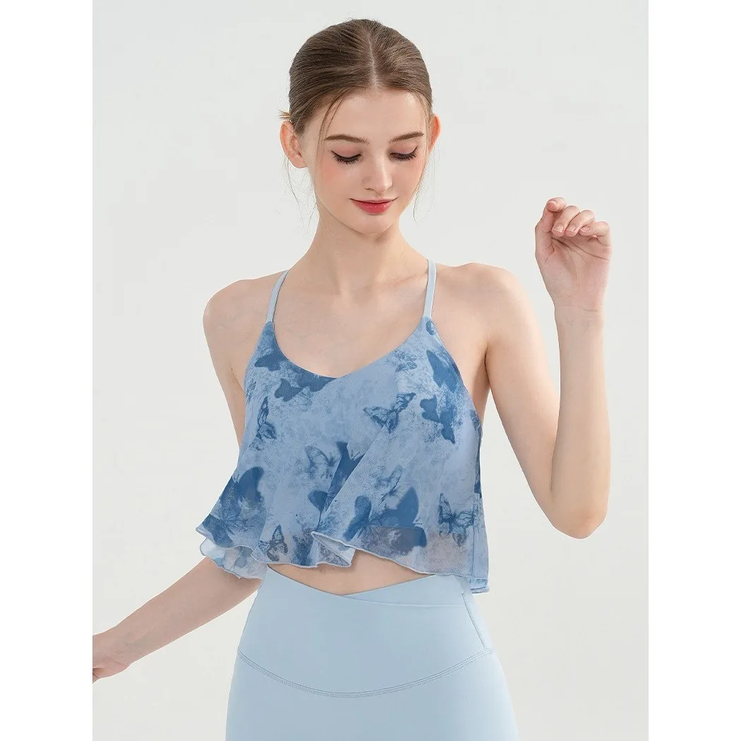 2024 Mesh Chinese Style Floral Blouse Yoga Vest Gradient Print Camisole Sports Underwear Outerwear Women's Clothing Top Tees Y2k