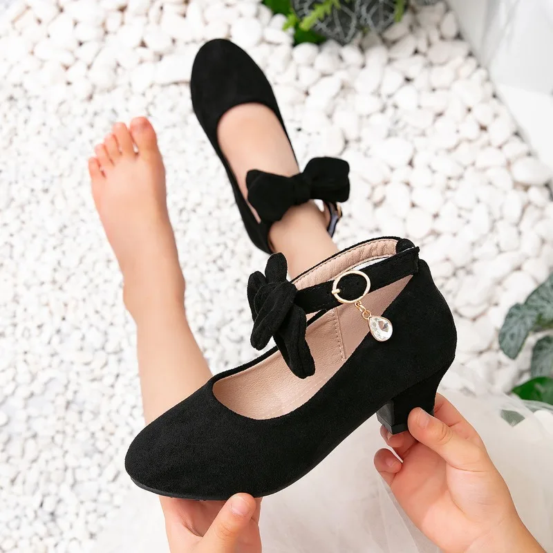 

Little Girl Leather Shoes Black Sweet Bowknot Children Princess Shoes Wedding Party Fashion Kids Performance High-heels Shoes