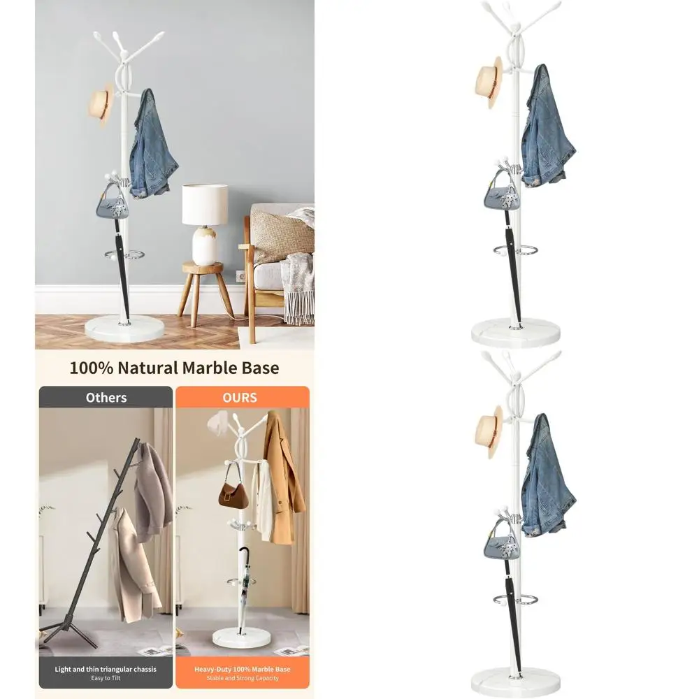 

Contemporary Freestanding Coat Rack with 10 Hooks, Umbrella Stand, and Natural Marble Base for Home or Office