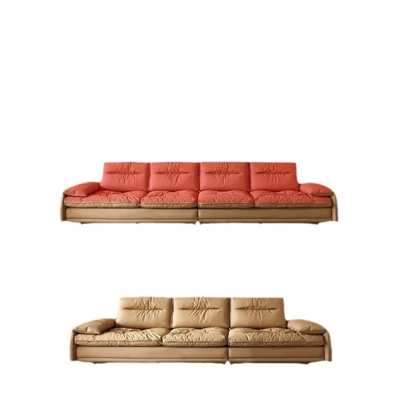 

Silicone leather sofa living room adjustable backrest super wide sitting dark caramel color straight row sofa