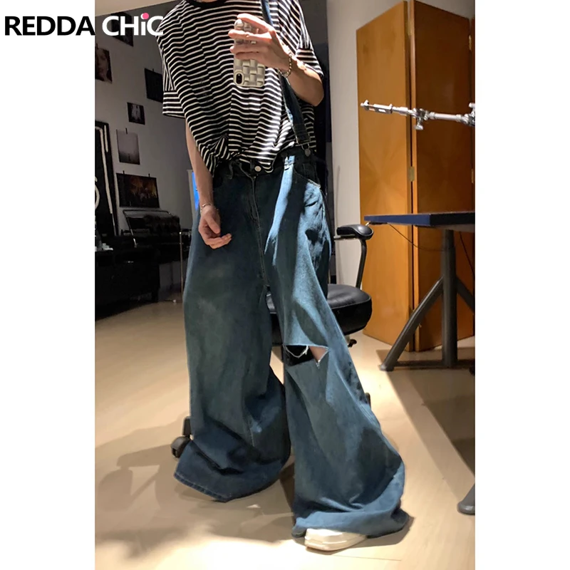 

REDDACHiC Men's Ripped Hole Wide Leg Jumpsuit Y2k Vintage Blue Loose Casual 90s Retro Skater Oversize Bib Pants Denim Overalls