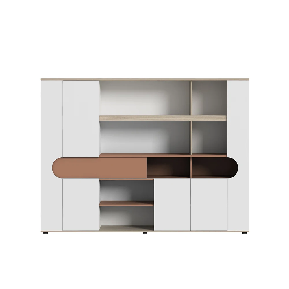 

Wooden Office Furniture Bookcase and Partition Storage Cabinet with Data Display for Home Office or Owner's Desk Background