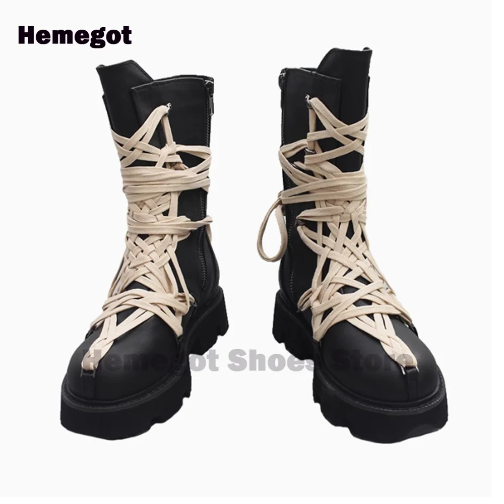 Cross Strap Thick-Soled Boots Men's Lace-Up Platform Booties Men Runway Luxury Designer Handmade Round Toe Luxury Booties