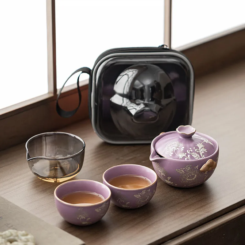 

4-Piece Portable Gilt Silver Purple Peony Ceramic Travel Tea Set – Ideal for Outdoor Camping Kung Fu Tea