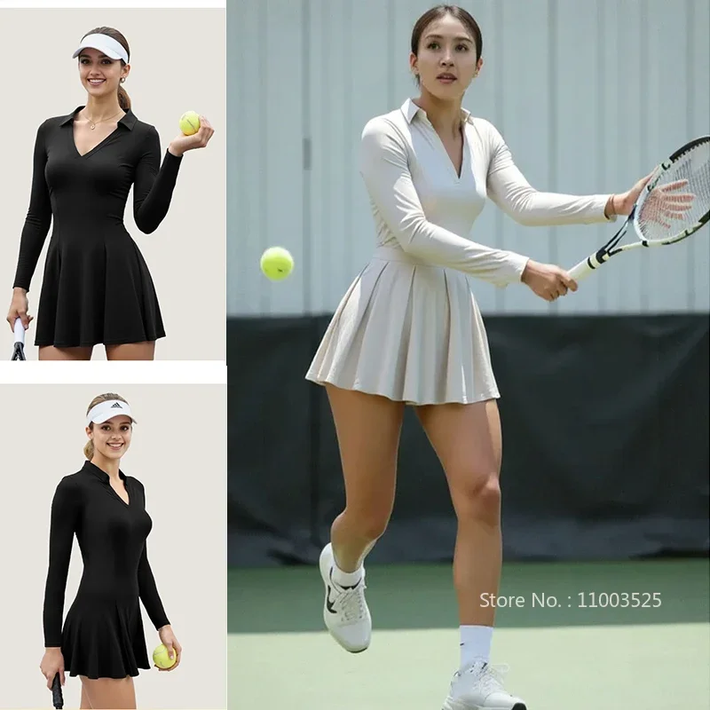 

Womens V-Neck Polo Tennis Dress Long Sleeve Autumn Slim Skirt Built in Shorts Ladies Golf Athletic Dress Workout Rompers