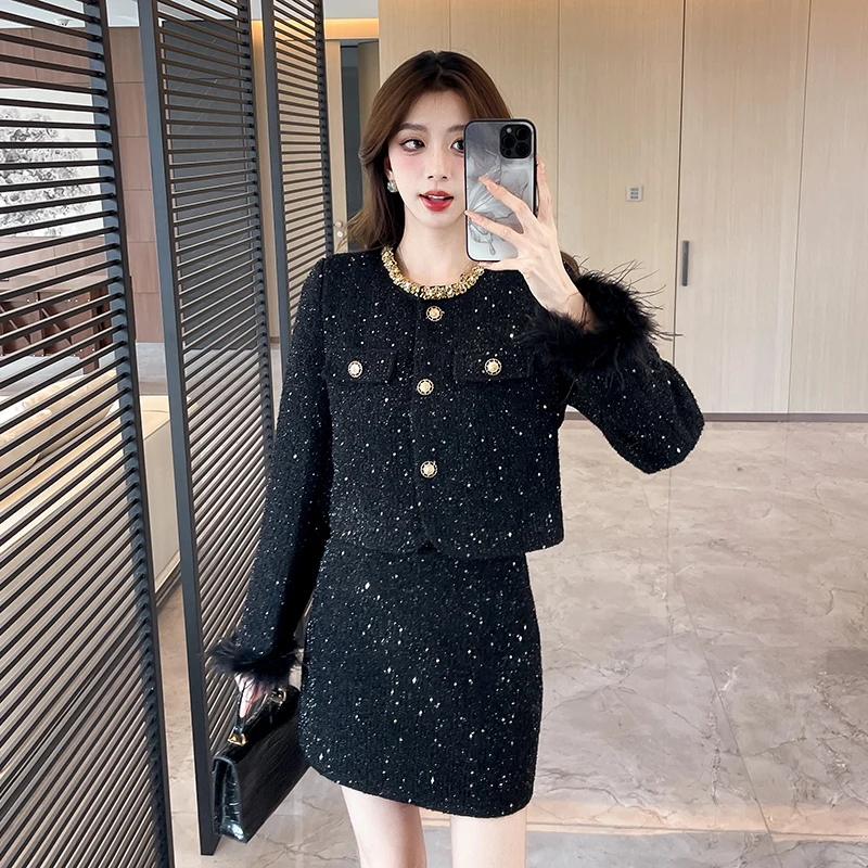 High Quality French Vintage Tweed Two Piece Set Women Luxury Jacket Coat + Skirt Suits Fall Winter Christmas 2 Piece Outfits