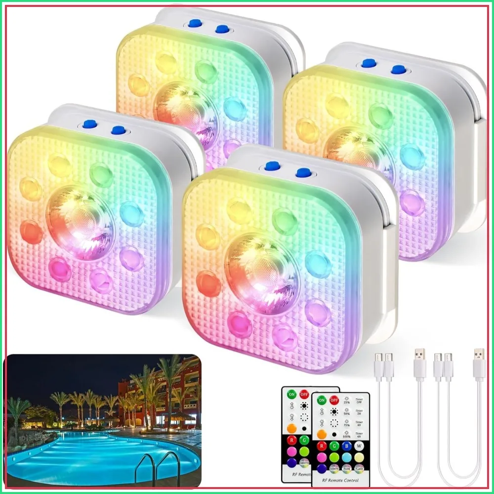 

Rechargeable Submersible LED Pool Lights 4-Pack with Remote, IP68 Waterproof, 3000mAh Battery, 16 Colors, 600ft RF Control