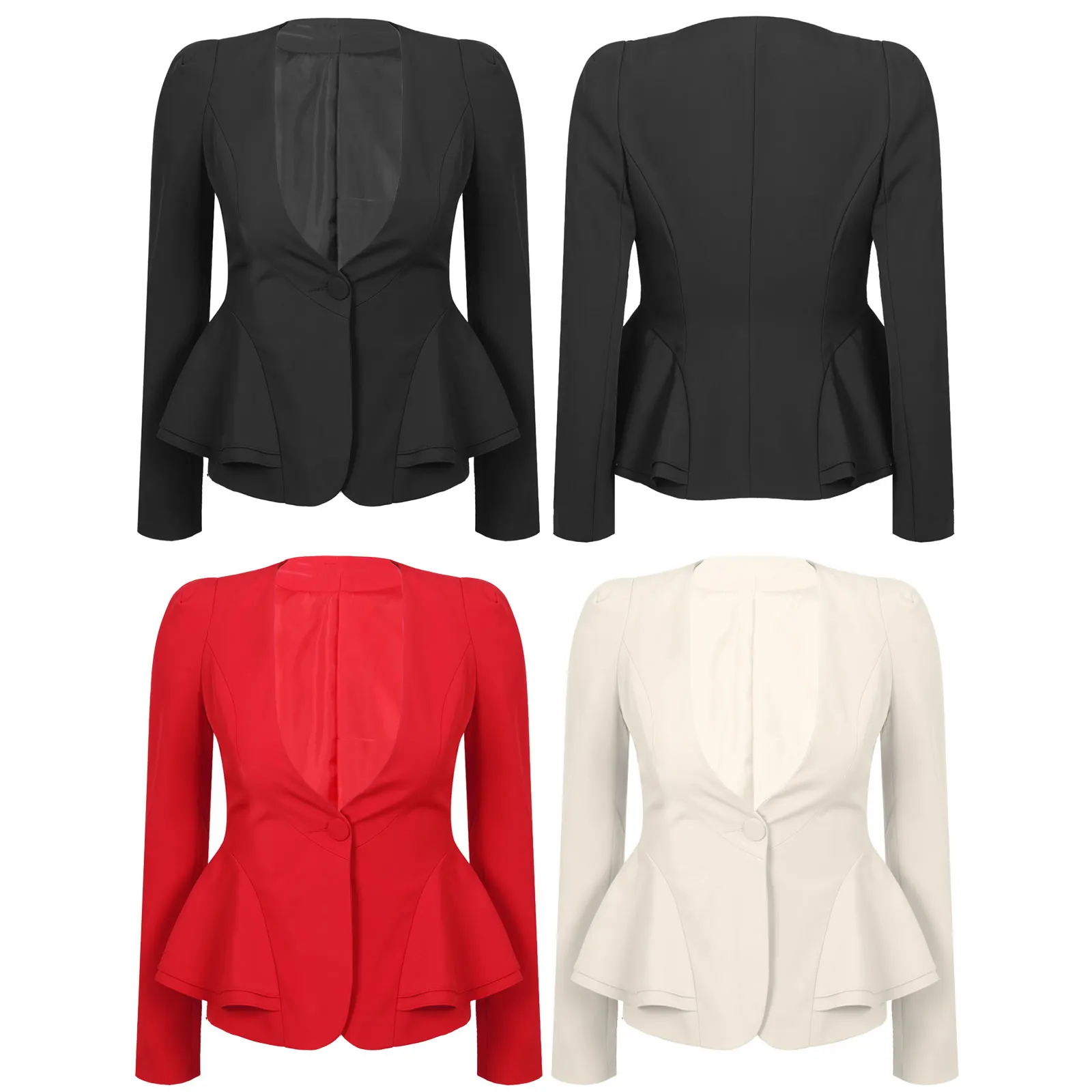 Women Red 3 Pure Colors Formal Blazers V-neck Long Sleeve Tops One-Button Slim Fit Peplum Suit Jackets for Office Meeting Wears