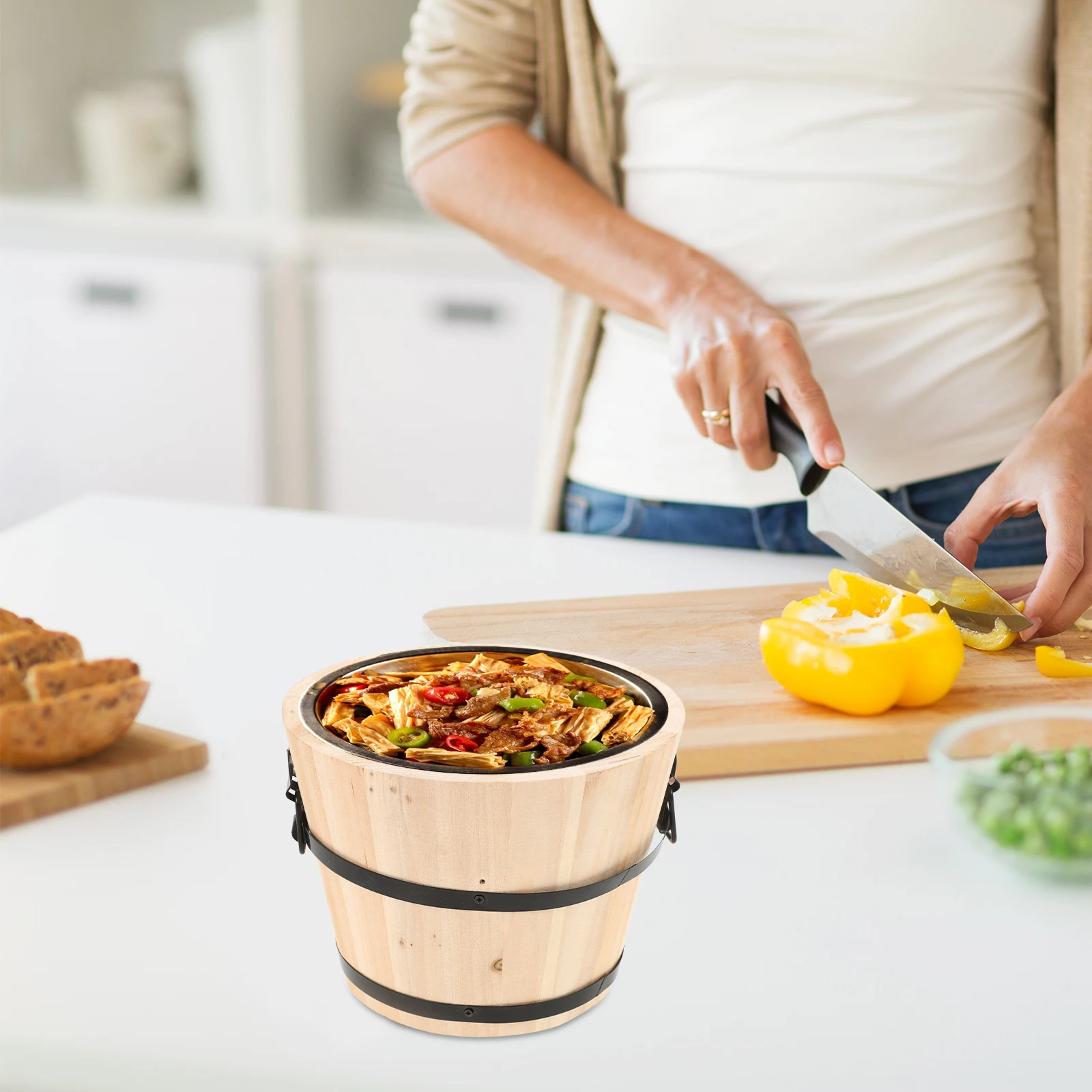 

Rice Steaming Bucket 18cm Beige Wood Storage Container Smooth Surface H Barrel Tool Multi function Rice