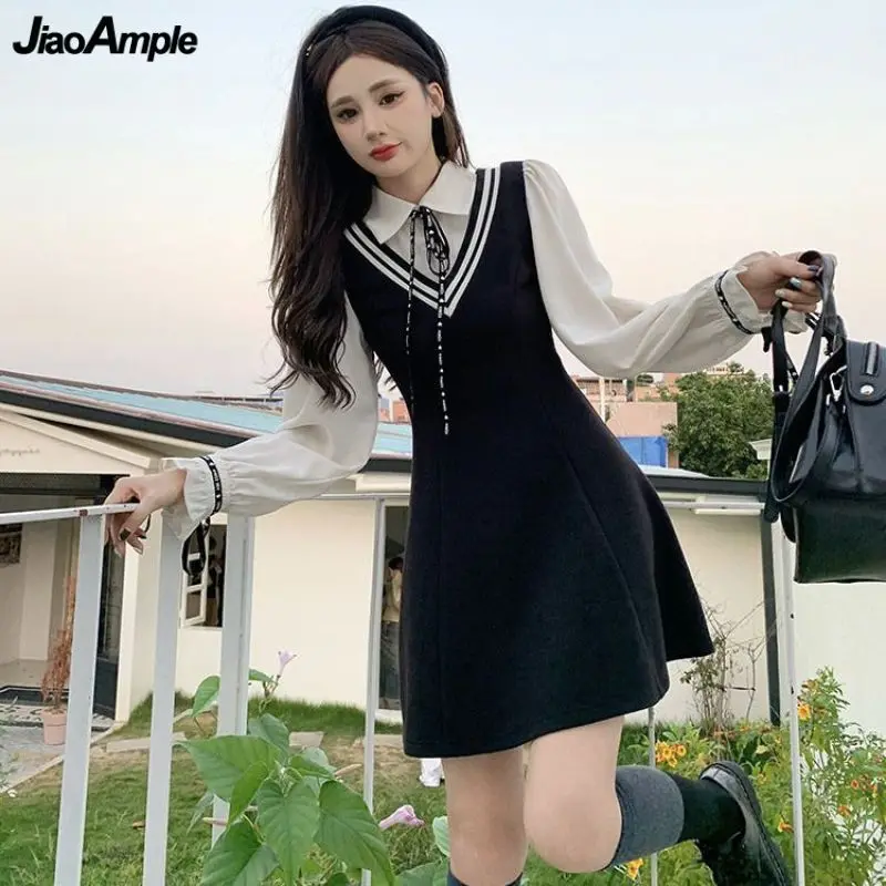 

Women Spring Autumn Preppy Style Bowknot Mini Dress 2023 Lady Graceful Patchwork Fake Shirts Flare Sleeve Dresses Student Gown